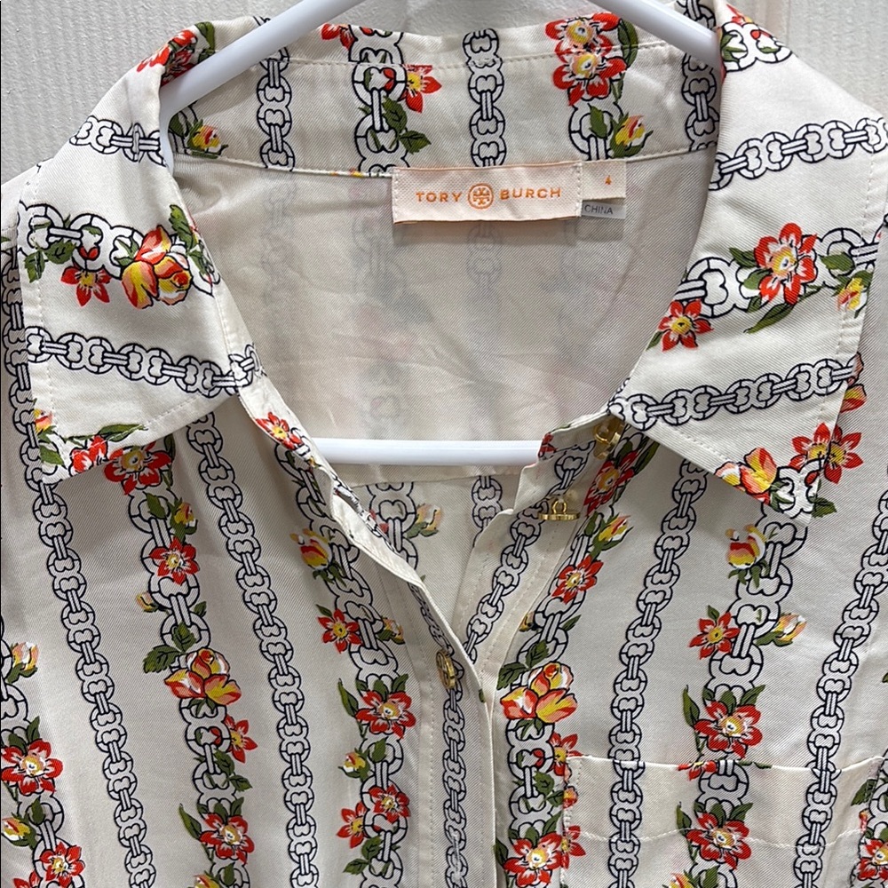 Floral Stripe Button-Up Women’s Top - White with Orange & Green - Picture 5 of 5